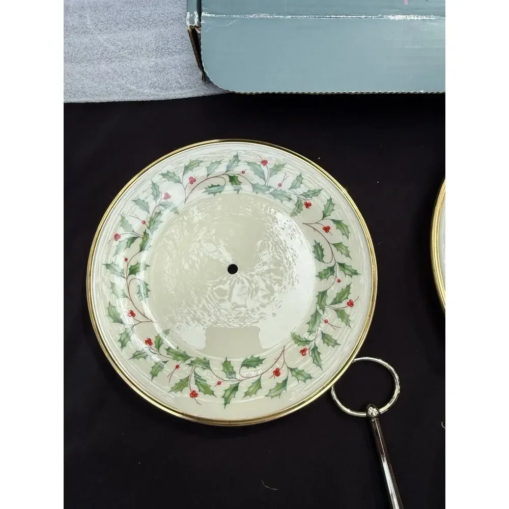 Lenox Holiday Two Tier Tidbit Dessert Stand Holly Pattern Complete Set In Box